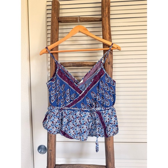 Free People Blue Purple Floral Print Wrap Peplum Tank Top Casual Sleeveless M - Picture 2 of 4